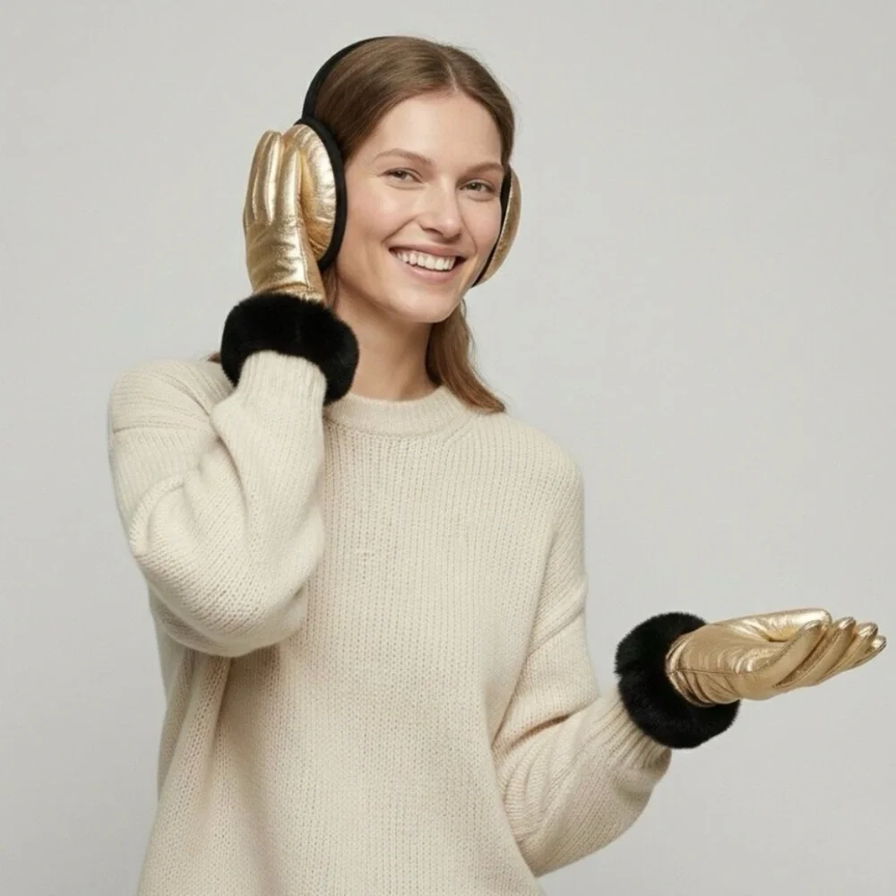 NWT UR Powered Rose Gold Leather Bluetooth Ear Warmers + Fur Cuff Gloves Set